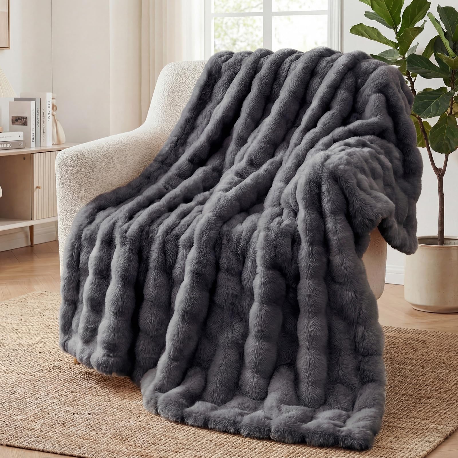 SHANNA Soft Warm Rabbit Plush Fleece Blankets Thick 1000 GSM Throws for Sofa Large Fluffy Versatile Blanket Bed Throw for Bedroom, Couch, Travel, Kids, Camping (Dark Grey, 100 * 160cm)