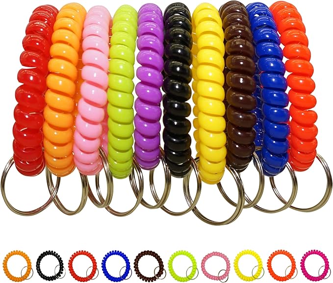 10 Pcs 10 Assorted Colors Flexible Spiral Coil Wristband Key Ring Chain
