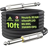AA AUDIO ACCESSORY Silent Guitar Cable 10 ft, Neutrik REAN silentPLUG, Hot-Swapping Guitars Without Pop, Kevlar-Reinforced Auto Mute 20 AWG 99.99% OFC 1/4 Instrument Cable, Nylon Braided Amp Cord