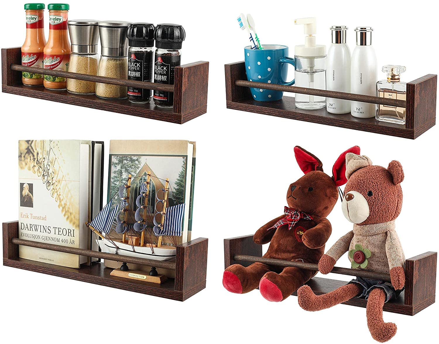 EasyPAG Pack of 4 Wood Nursery Versatile Floating Shelves,Wall Mounted Spice Rack,Book Organiser,Decoration Holder,Display Shelf for Bedroom,Living Room,Bathroom,Brown