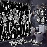 FuWeave 8 Pcs Halloween Shower Curtain Set for Bathroom Decor | Dancing Skeleton Skull Ghost Pumpkin Towels Halloween Non Slip Spider Web Rugs Toilet Lid Cover Bat Bath Mat and 12 Hooks