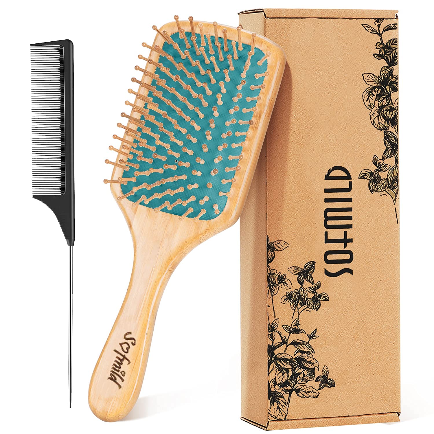 Hair Brush, Eco-Friendly Bamboo Paddle Hairbrush for Long Short Curly Thick Thin Hair for Men Women Kids, Massaging Scalp, Reducing Tangle & Hair Breakage, Promoting Hair Growth (Blue)