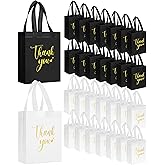 Sweetude 30 Pcs Thank You Gift Bags with Handles Bulk Reusable Goodie Bag Non Woven Foldable Handbag for Christmas Wedding Bridesmaid Gifts(10 x 8 x 4 Inch,Black, White)