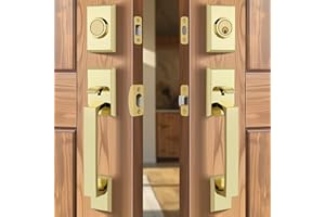LOQRON Double Front Door Lock Set, Keyed Entry Front Door Handleset with Dummy, Square Heavy Duty Door Lever and Single Cylinder Deadbolt Combo, Polished Brass