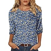 KISSMODA Women's Casual 3/4 Sleeve T-Shirts Round Neck Cute Tunic Tops Basic/Pleated Summer Tops Trendy Spring Blouses