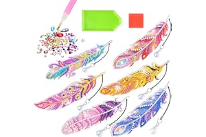 MATHARAGO 6 Pcs Diamond Painting Kit, 5D Feather Bookmark with Crystal Pendant, DIY Art Crafts for Adults, Acrylic Bookmarks Diamond Painting for Read and Crafts Lovers (YQ088)