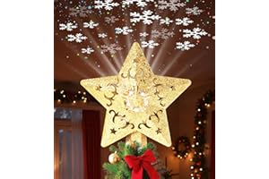 TENMIRO Christmas Tree Star Topper, Built-in Led 360° Rotating Snowflake Projector Pentagram Plug in Christmas Tree Ornament for Indoor Office Xmas New Year Holiday Tree Decor (Golden)
