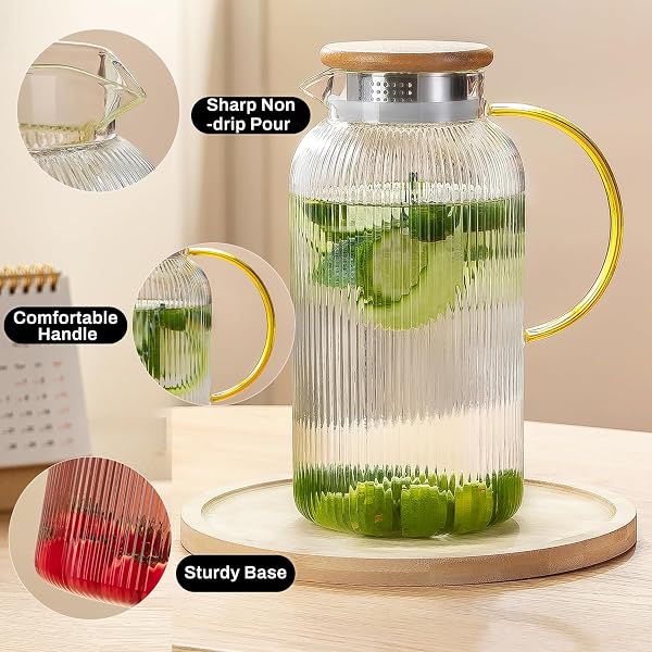 BUAIC 2 PACK GLASS PITCHER WITH LID, 68 OZ/ 2 LITER CLASSIC VERTICAL STRIPES WATER PITCHER WITH BAMBOO LIDS,GLASS WATER CARAFE FOR COLD BREW, COFFEE, LEMONADE, ICED SUN TEA,BEVERAGE,MILK