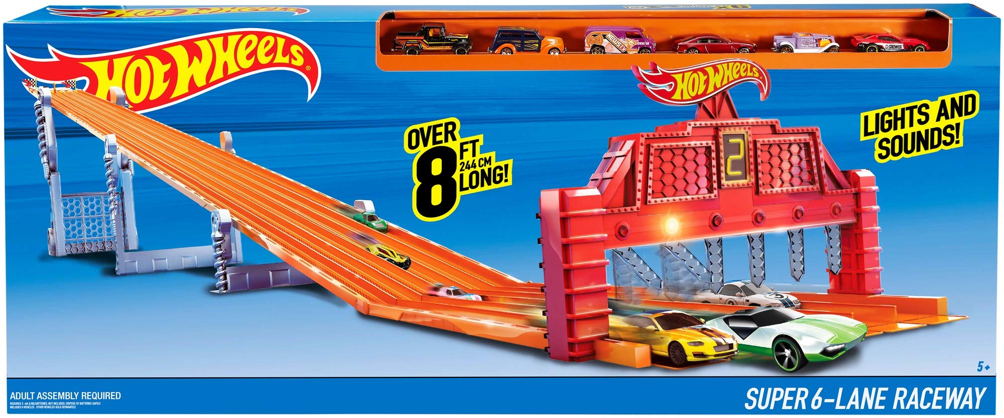 Hot Wheels Toy Car Track Set Super 6Lane Raceway, 8Ft Track That Rolls