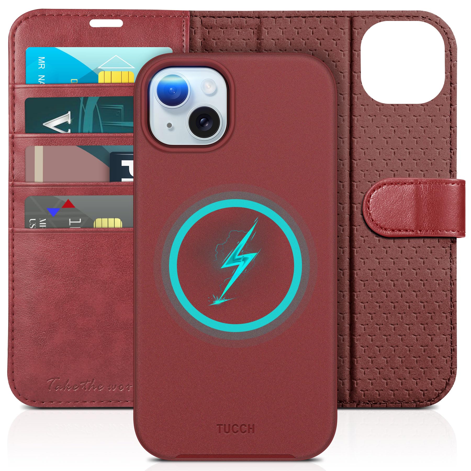 Photo 1 of TUCCH Wallet Case for iPhone 15 Plus, Removable 2-in-1 Stand RFID Blocking 4 Card Slot Wireless Charging Protective Case, Magnetic PU Leather Detachable Folio Compatible with iPhone 15 Plus, Dark Red