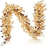 Dingion 6 ft Gold Leaf Christmas Garland with Berry and Pine Cone Artificial Golden Bayleaf White Berry Garlands for Holiday Xmas Tree Home Mantle Fireplace Table Decor