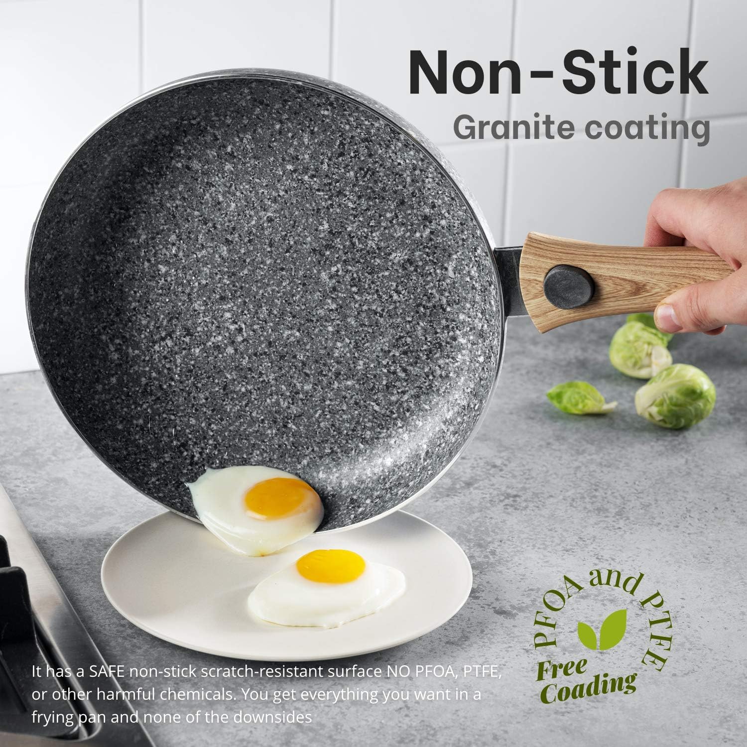 Mitbak 12-Inch Non-Stick Frying Pan with Lid | Granite Coating Nonstick Skillet with REMOVABLE Heat-Resistant Wooden Handle | Premium Cooking & Kitchen Utensil | Induction Compatible: Kitchen & Dining