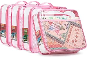 LEAPTAT 4 Pack Clear PVC Zippered Toy Storage Bags for Toy, Kids Toy, Building Blocks, Puzzle, Clay, Board Game Storage Organizer Travel Waterproof Bliss Bins With Name Tag Pocket (Pink, Large)
