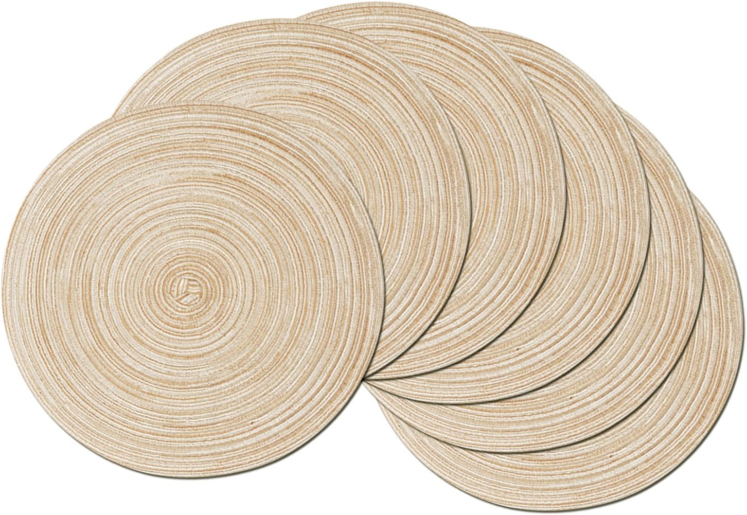 SHACOS Round Braided Placemats Set of 6 Washable Round Placemats for Kitchen Table 15 inch (Beige, 6)