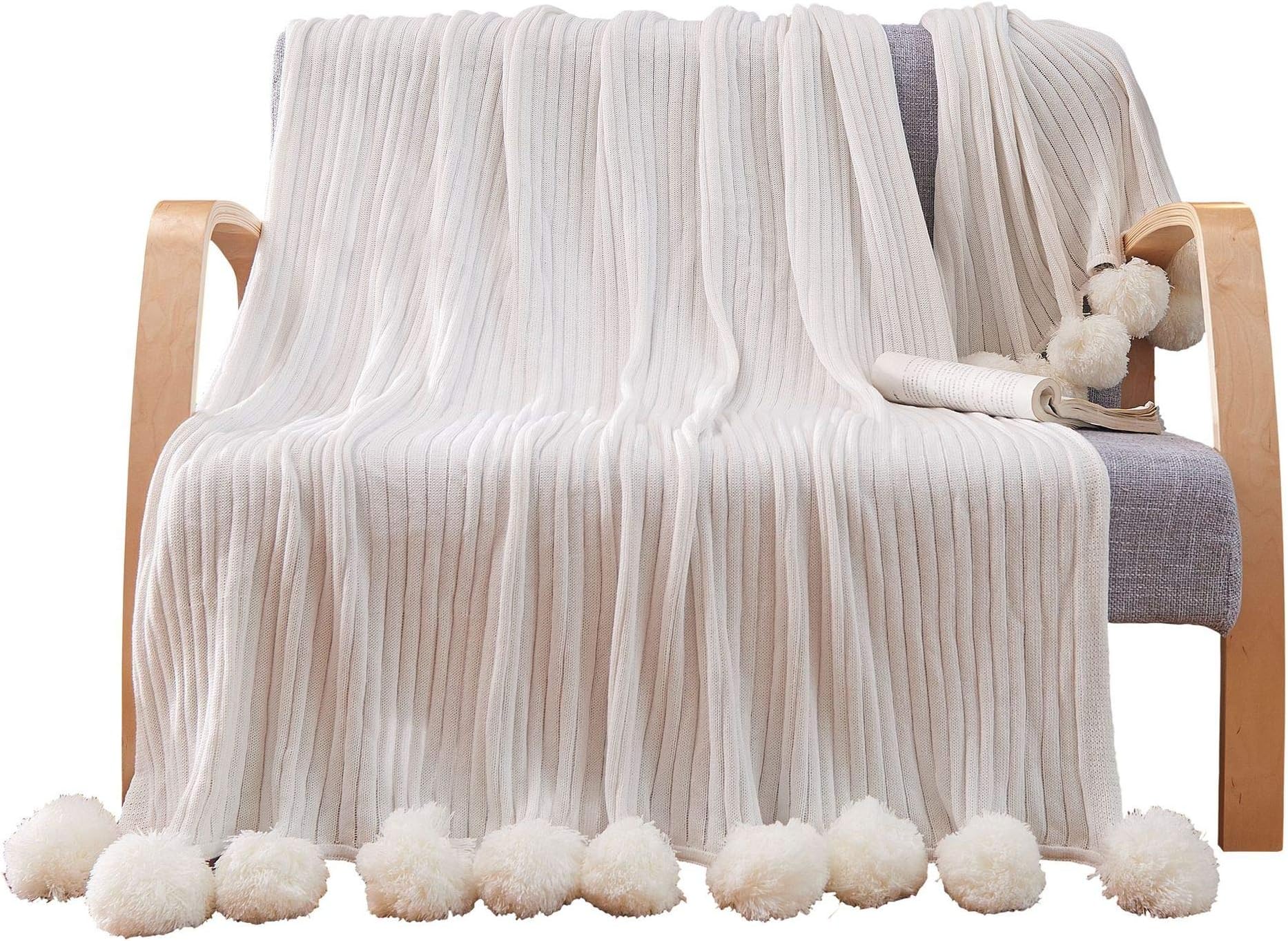 MOOJIIN 100% Cotton Solid Hypoallergenic Knitted Reversible Lightweight Pompoms Fringe Throw Blanket for Home Decorative Décor Bed Sofa Couch Chair(59"x79",White)