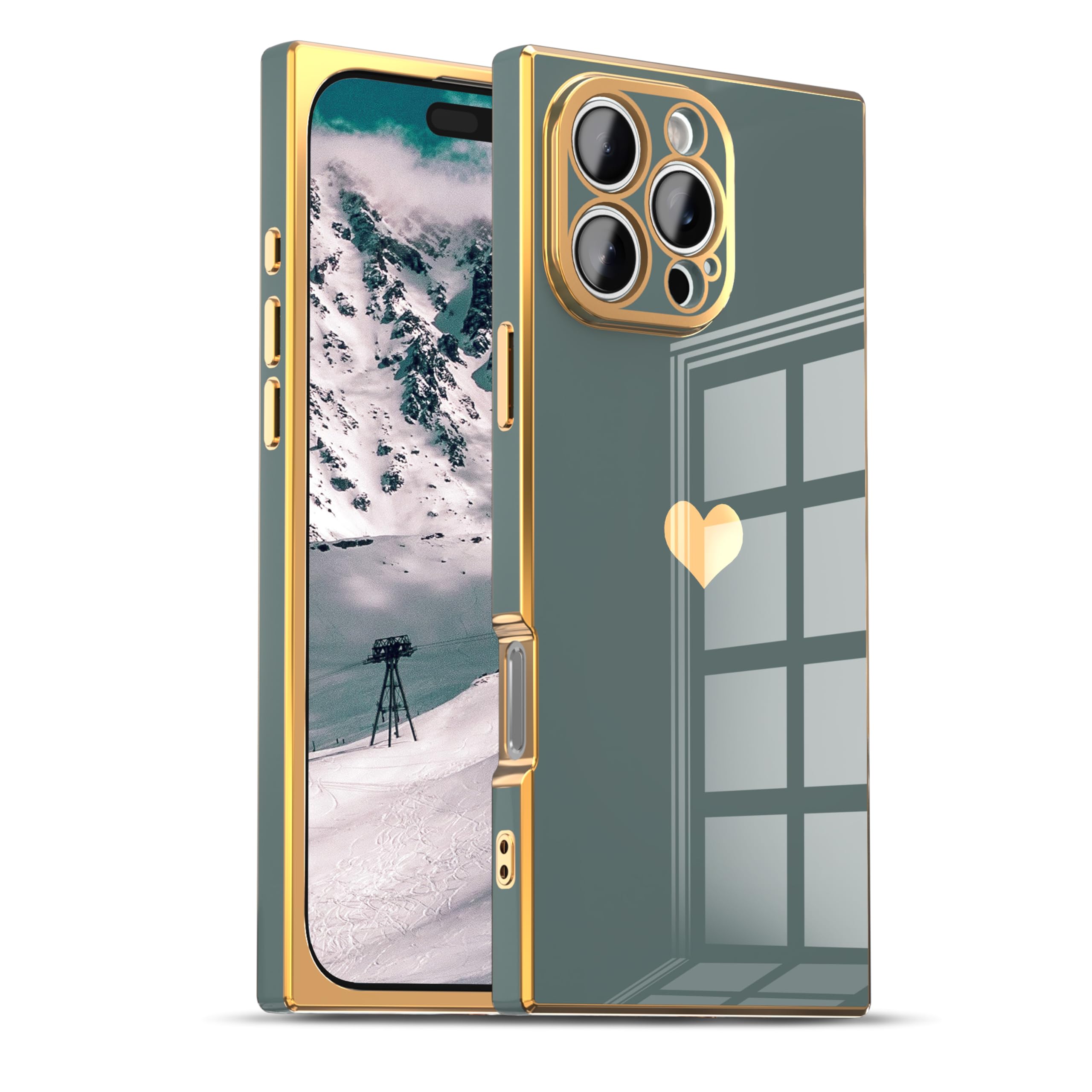 Photo 1 of IAIYOXI Case for iPhone 15 - Rectangle Design, Full Camera Protection, Cute Heart Pattern, Electroplated Reinforced Corners, Shockproof Edge Bumper,Compatible with iPhone 15,Blue Gray