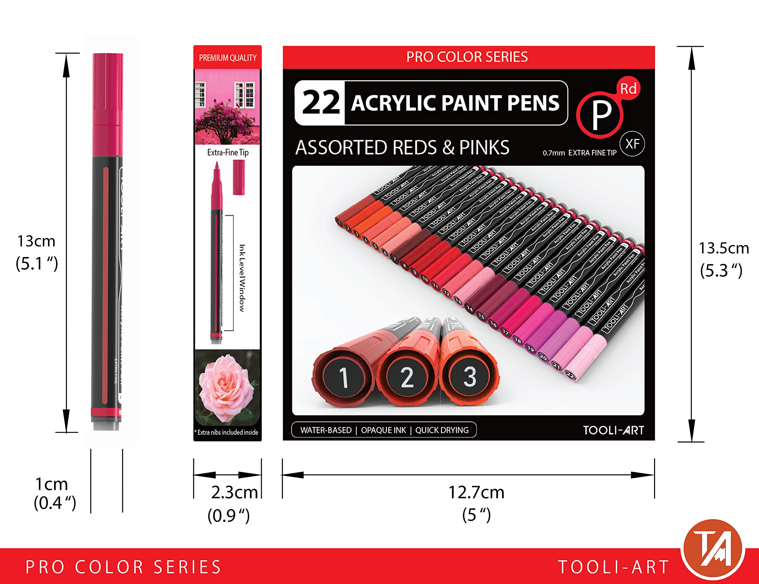 22 Red and Pink Acrylic Paint Pens Marker Pro Color Series 0.7mm Extra Fine Tip for Rock Painting, Glass, Cups, Wood, Metal, Canvas, DIY Projects, Non-Toxic, Water Based, Quick Drying