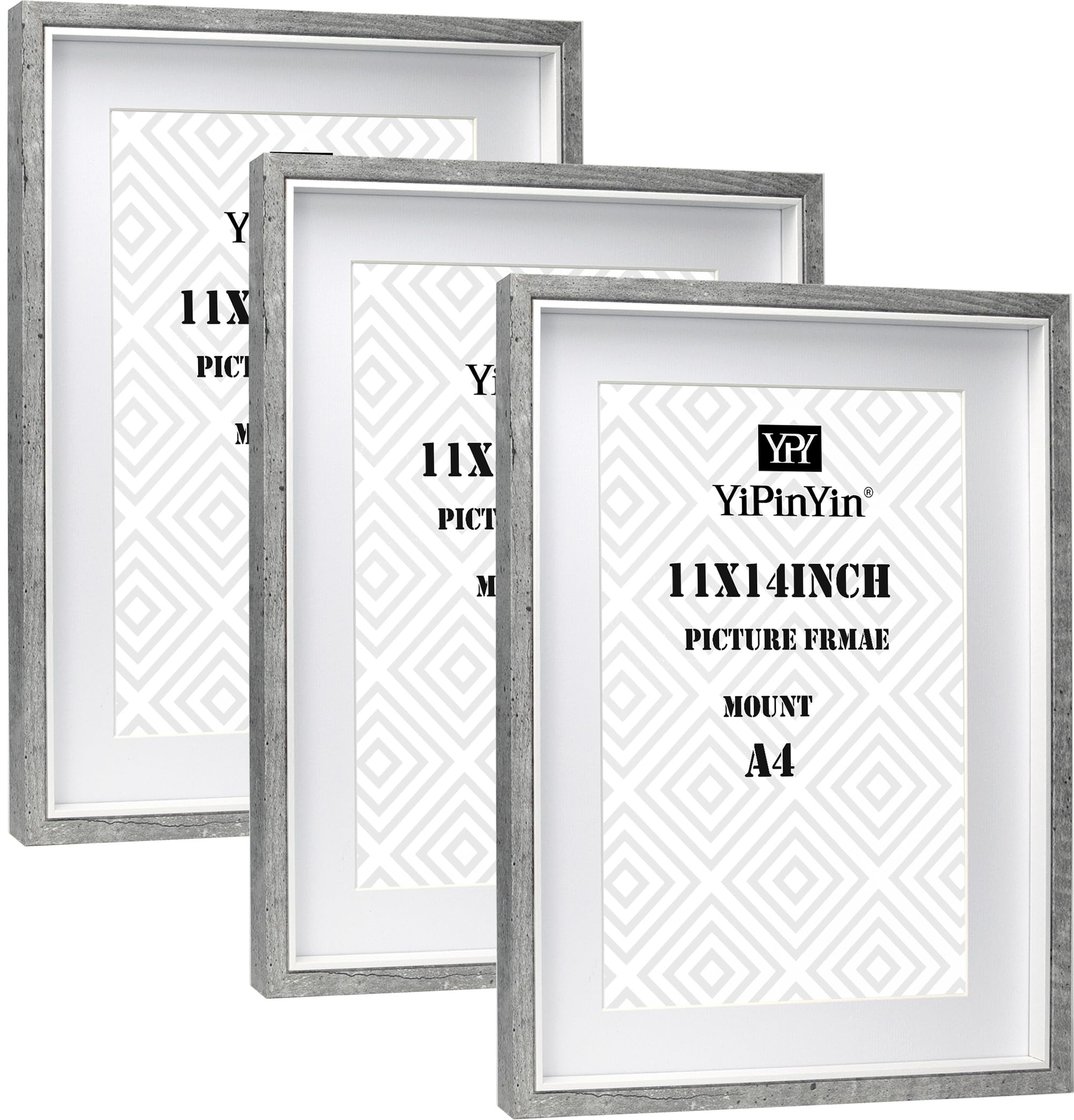 11x14 Inch Grey & white Two Tone Picture Frames Set of 3 With Mount for A4 photo,Grey & white Two Tone Boxed Gallery A4 Picture Frames 3 packs for Wallmounted.