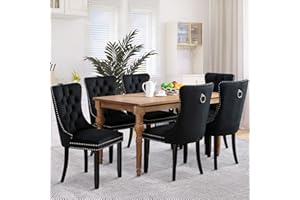 SoarFlash Velvet Dining Chairs Set of 6, Tall Back Side Chair, Modern Upholstered High-end Tufted Side Chair with Button Back Ring, Solid Wood Legs (Black)