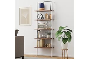 Nathan James Theo 5-Shelf Wood Modern Bookcase, Open Wall Mount Ladder Bookshelf with Industrial Metal Frame, Light Brown Oak/White