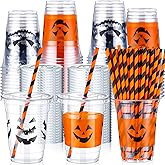 Yaomiao 300 Pcs 12 oz Halloween Plastic Cups with Lids and Straw Halloween Plastic Cup Disposable Clear Tumbler Whiskey Tumbler Black White Emoticons Witch Drinking Set for Party Supply