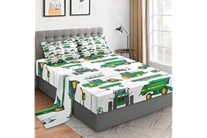 WeCozy 3 Pieces Twin Size Bed Sheet Sets with Pillowcases, Yellow Farm Tractor Green Vehicle Soft Microfiber Bedding Set for Kids and Adults, Flat Sheet, Fitted Sheet for Bedroom Bed Decor