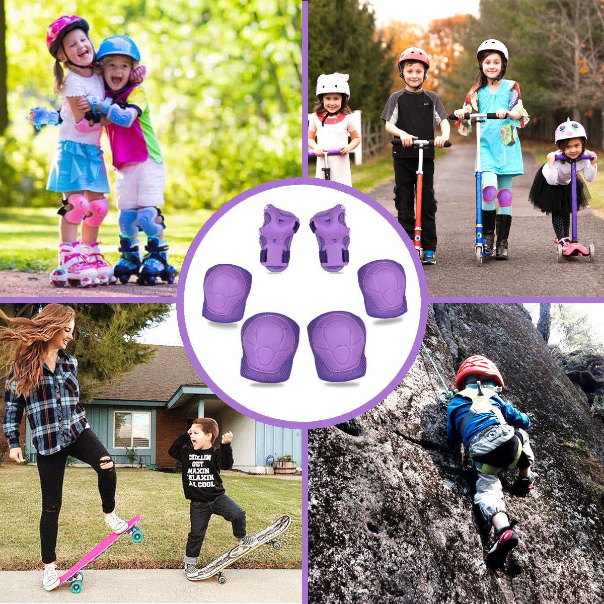 eNilecor Kid\'s Knee Pads Elbow Pads Wrist Guards for Skateboarding Cycling Inline Skating Roller Blading Protective Gear Pack of 6 (Purple)