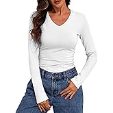 PrettyGuide Womens Cotton Long Sleeve Shirts V Neck Slim Fit Basic Tees Fall Spring Casual Going Out Tops
