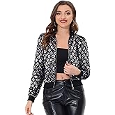 Allegra K Women's Sequin Jacket Bomber Long Sleeve Zipper Shiny Glitter Tops Sparkly Party Slitter Outfit