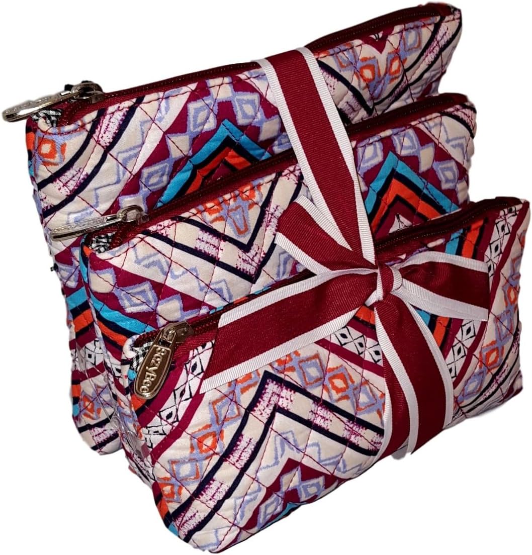 SazyBee 3 Piece Cosmetic Set - Custom Embroidery Available (Burgundy Boho Wave)