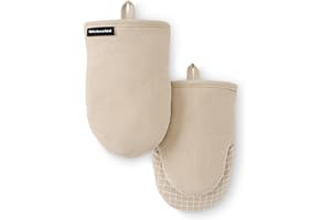 KITCHENAID Gourmet Series Gridlines Mini Oven Mitts 2-Pack Set, Heat Resistant up to 600°F, Soft Silicone Grip, Magnetic Cuff, Milkshake Tan, 5.5"x9"