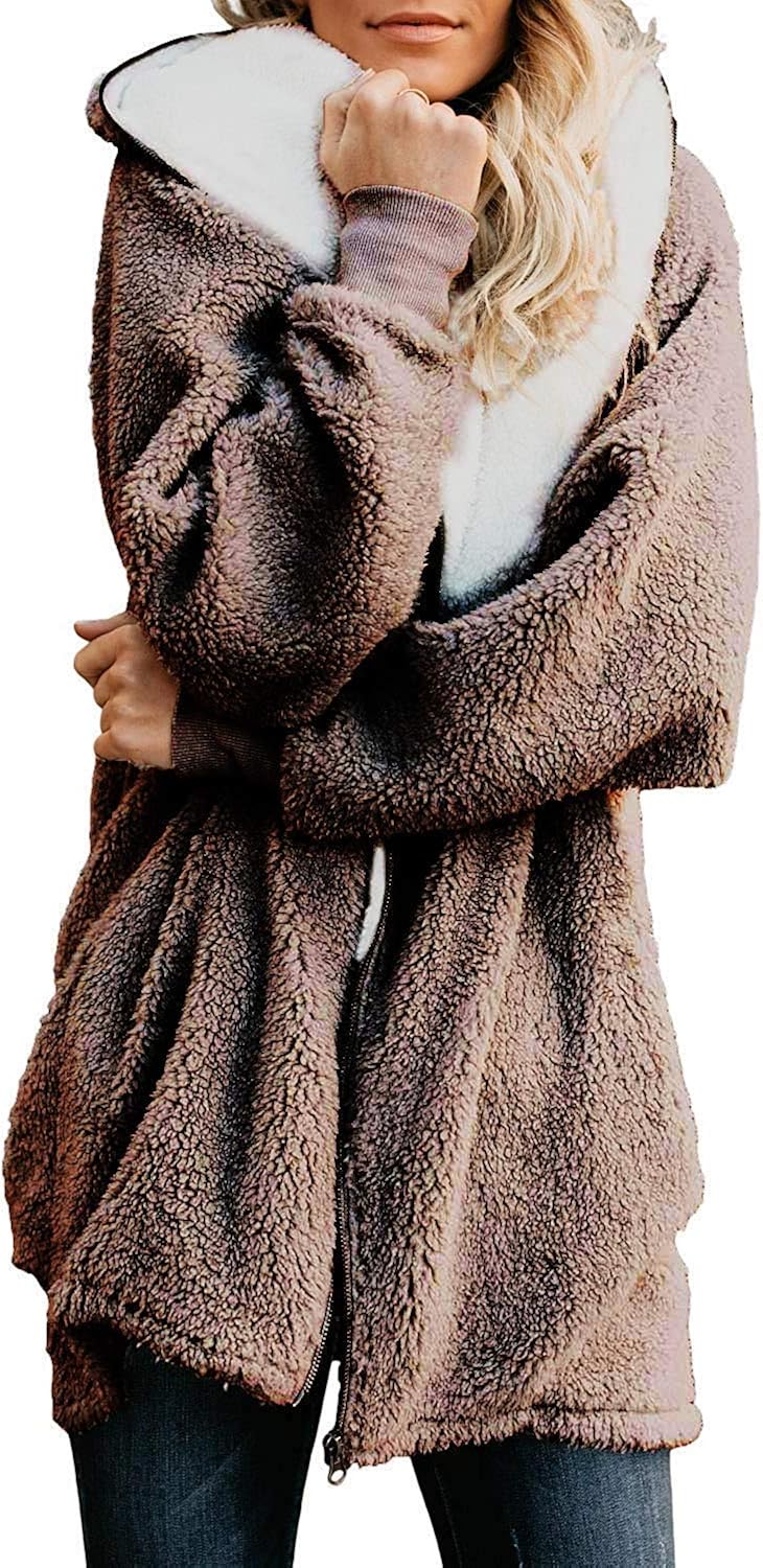 Yanekop Women Oversized Sherpa Hoodie Fuzzy Fleece Jacket Zip Up Outerwear Coat with Pockets at  Women's Coats Shop