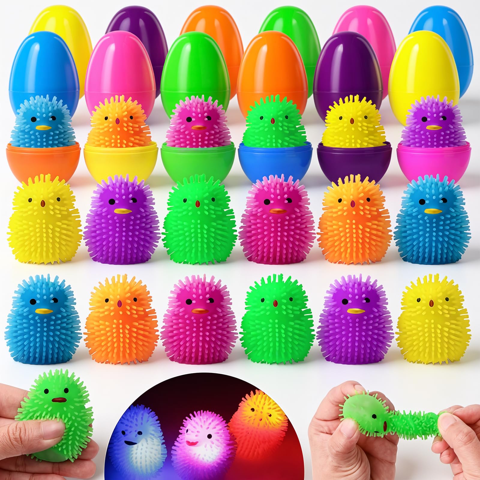 24 Pack Prefilled Easter Eggs with Glowing Chick Squishy Toys, Pre-Filled Light Up Stress Balls for Kids, Easter Egg Hunt Toys, Non-Candy Easter Basket Stuffers, Party Favors for Boys and Girls