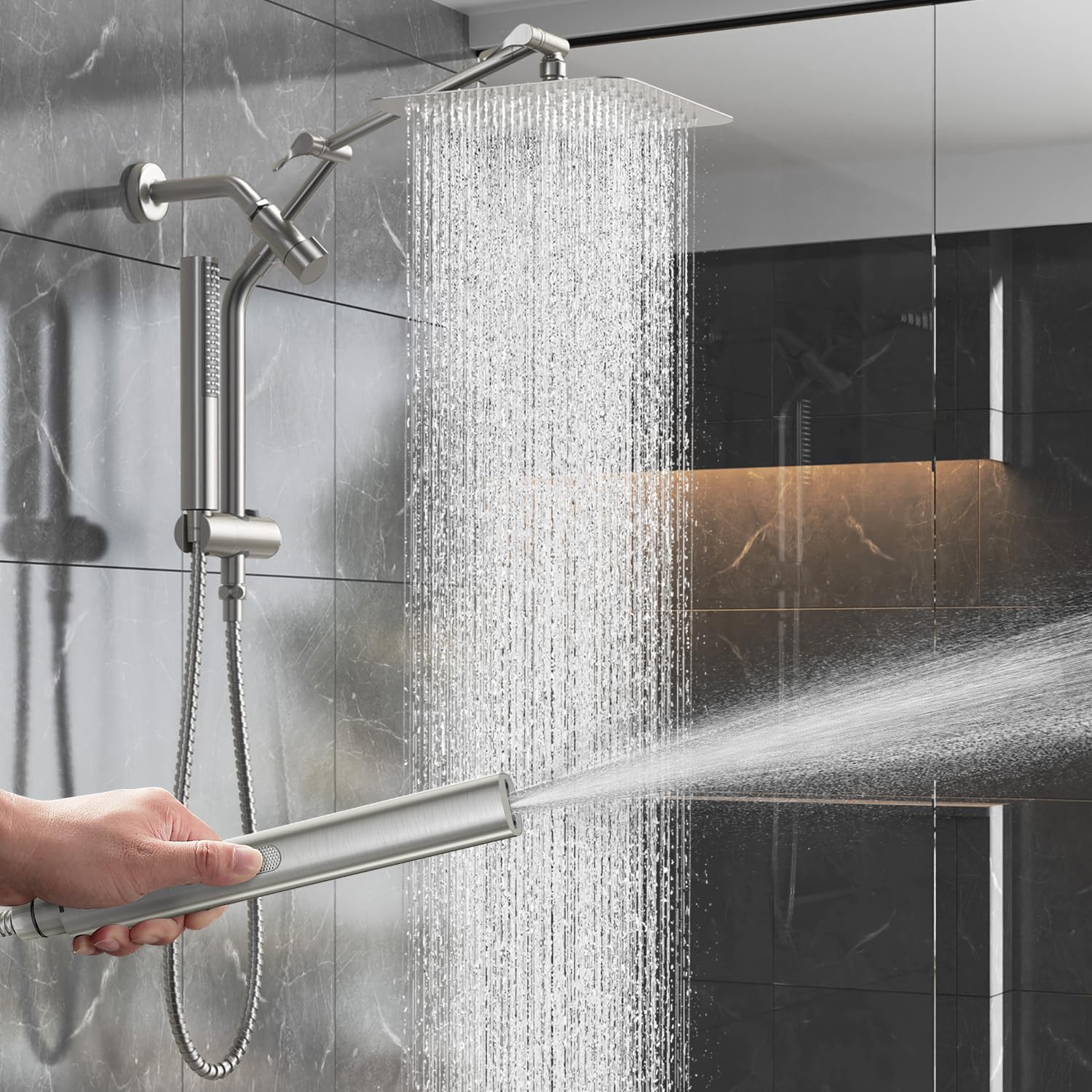 Photo 1 of Veken 10" Luxurious Brushed Nickel All Metal Rain Shower Head with Handheld Spray Combo, High Pressure Rainfall Square Shower Heads with Extension Arm, Wide Dual Showerhead, Bathroom Accessories