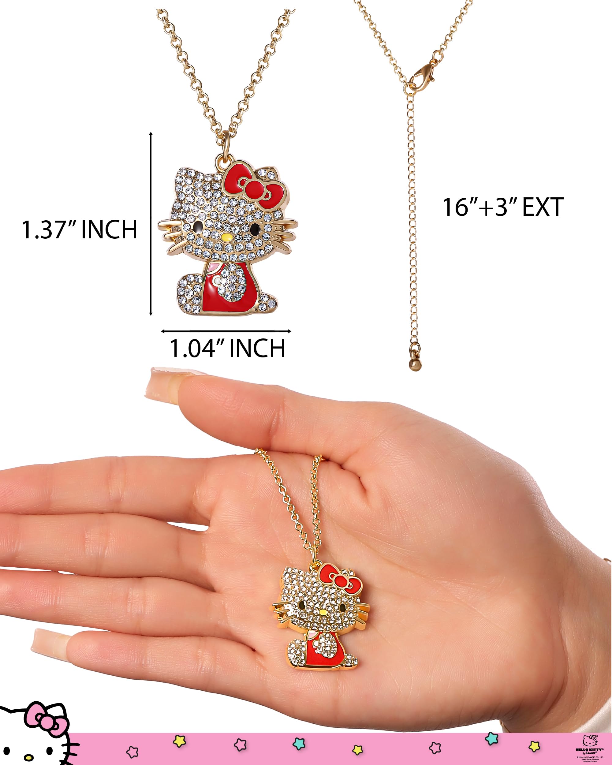 SALLY ROSE Hello Kitty Red Enamel and Pave Crystal Pendant Necklace Official License, Gold-Tone 16+3 Hello Kitty Necklace, Sanrio Gifts
