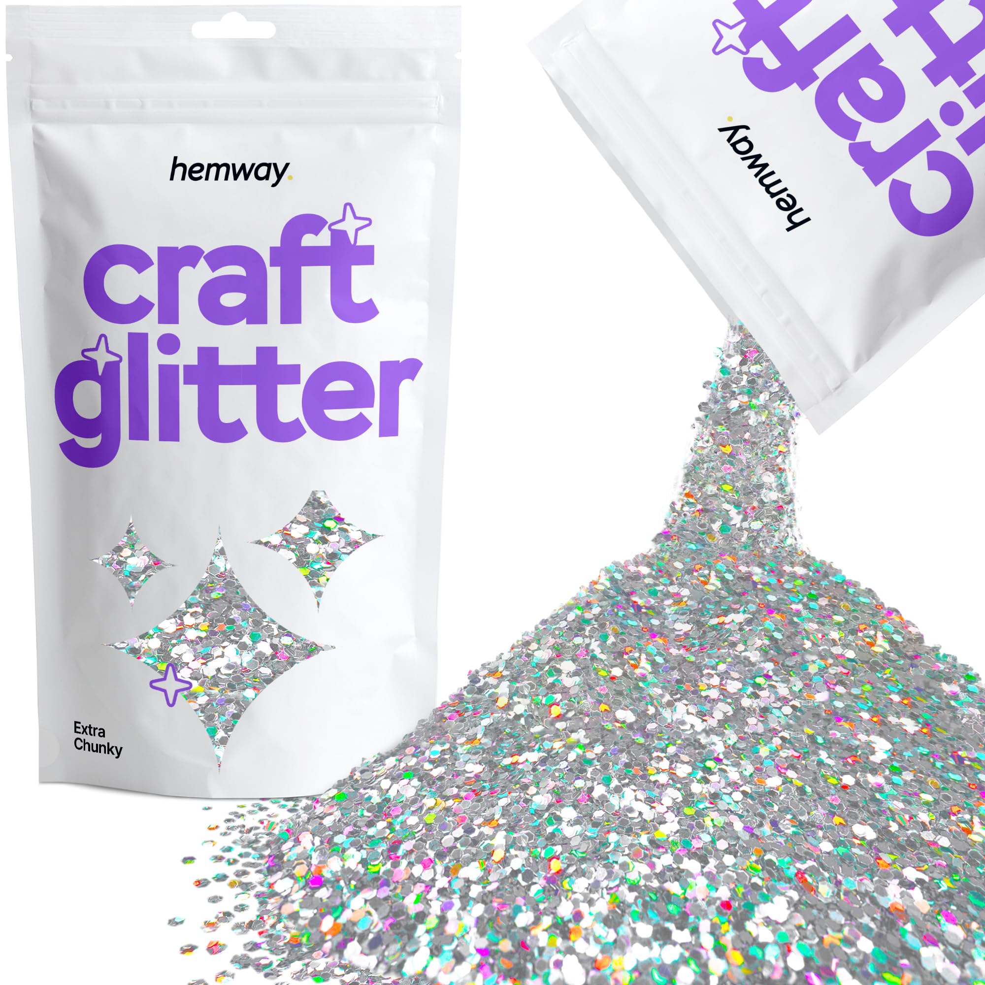Hemway Craft Glitter Silver Holographic 100g Extra Chunky Glitter for Crafts, Resin, Cosmetic, Nail, Face, Body, Festival, Tumblers, Art, Candle, Crafting
