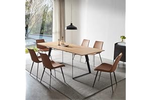 ZckyCine 67" Modern Rectangular Wooden Dining Table Set with 6 Brown Leather Chairs - Expandable, Space-Saving, Multifunctional