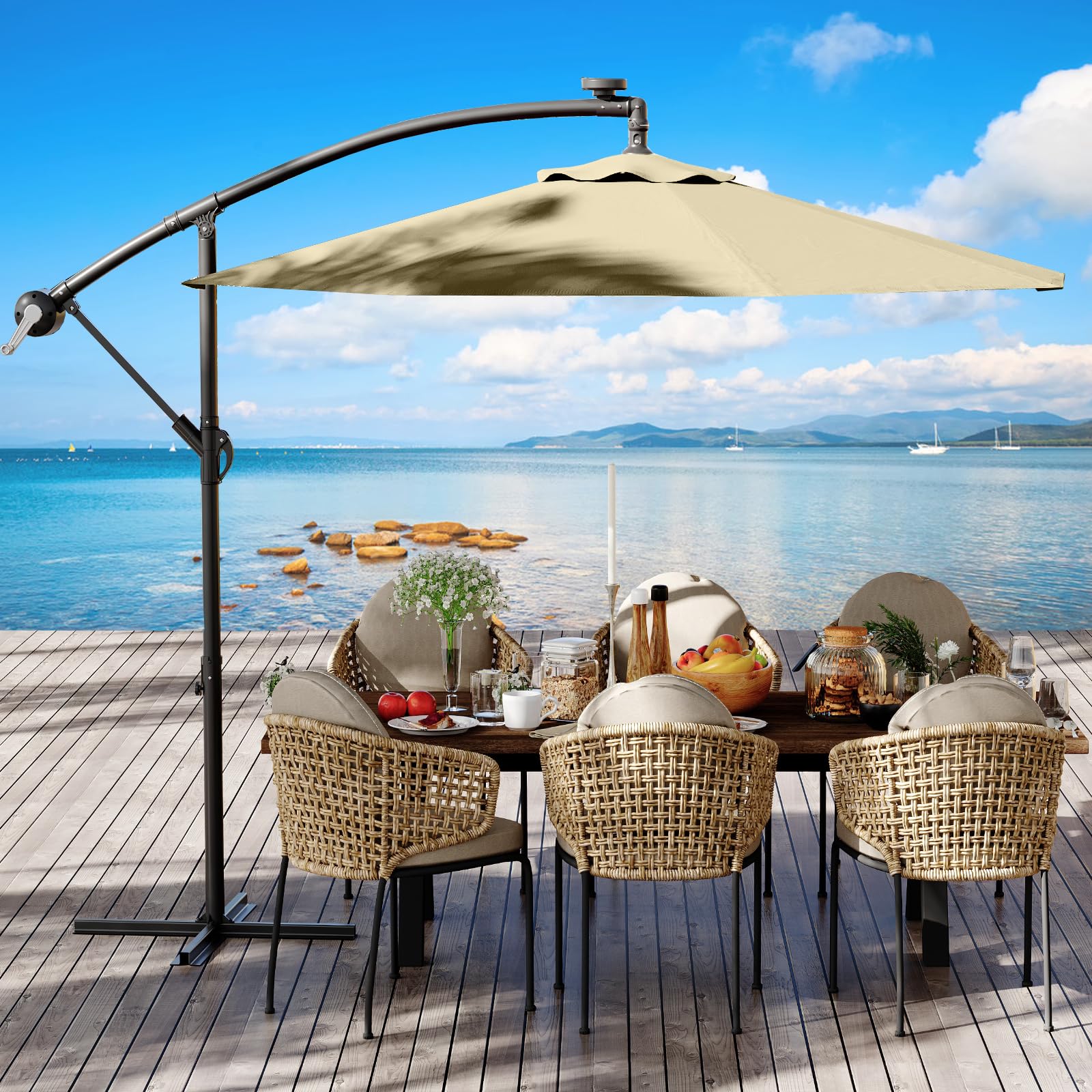 Photo 1 of HarmonyHealth 10FT Cantilever Patio Umbrella with Cross Base, Outdoor Offset Market Umbrella with Infinite Tilt and Crank Lift, Outside Umbrellas for Backyard Lawn Garden and Pool (Beige)