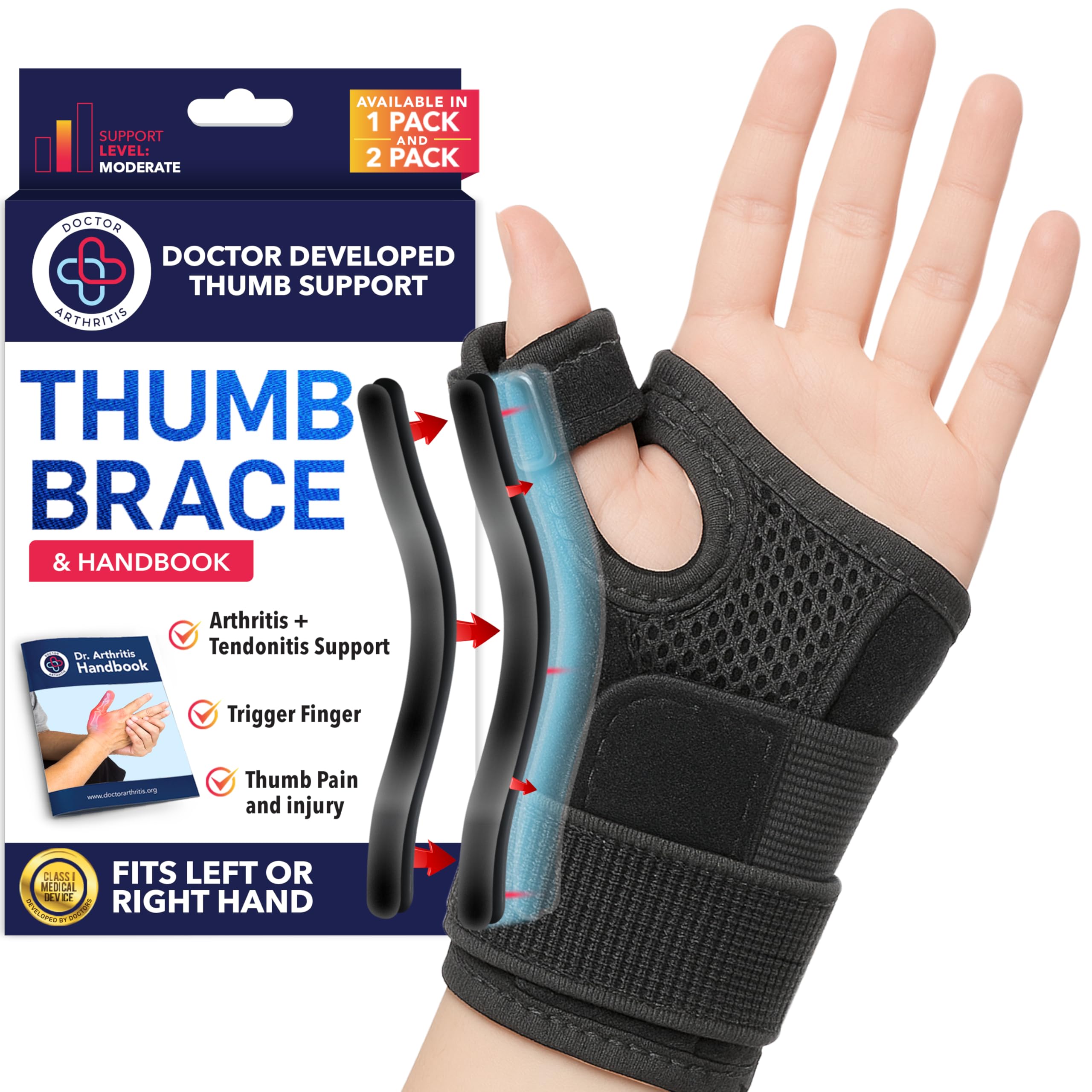 Doctor Developed thumb support/finger splint for arthritis, thumb splint right or left hand, wrist support & thumb spica splint and with - & Doctor Handbook - (black, single)