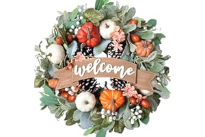 EGOLOT 22 Inch Fall Pumpkin Wreath for Front Door with Welcome Wood Sign, White Orange Pumpkin Pinecone Acorn Wreath for Indoor and Outdoor, Autumn Door Wreath for Home Decor