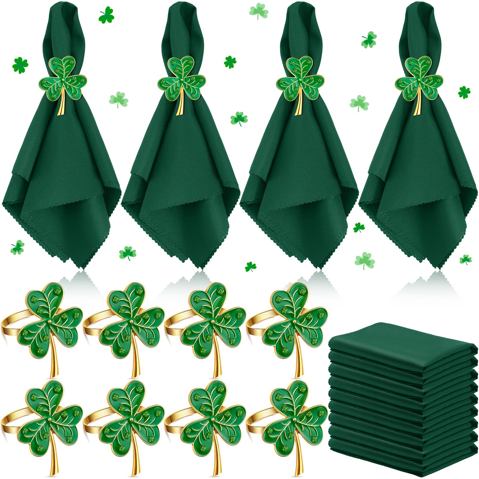 Photo 1 of 16 Pcs St. Patrick's Day Napkin Rings Set 8 Pcs Green Shamrock Metal Rings Holder and 8 Pcs Green Washable Napkins Cloth for St. Patrick's Day Dinner Party Table Decoration(Stylish Style)