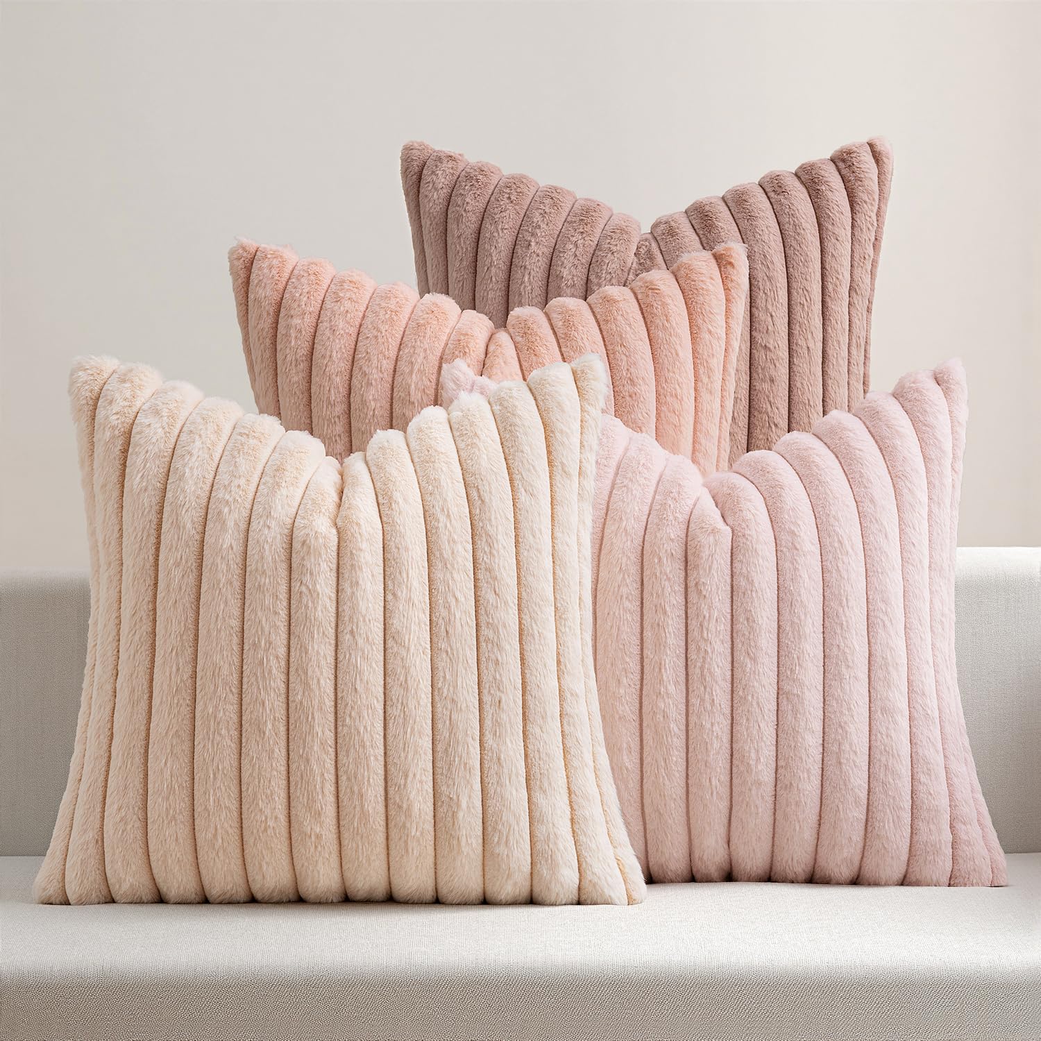 Photo 1 of **1 PC** MIULEE Faux Fur Plush Decorative Throw Pillow Covers 18x18 Set of 4, Modern Soft Romantic Fuzzy Striped Cushion Covers Girl for Sofa Couch Bed Living Room Cozy Home Decor,Pink