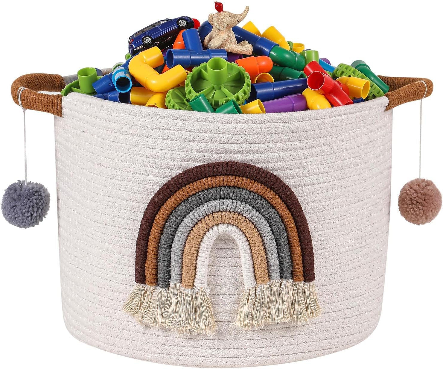 Cotton Rope Toy Storage Basket with 3D Rainbow Decor - Blanket Basket & Organizer for Living Room Toys, Coffee Color