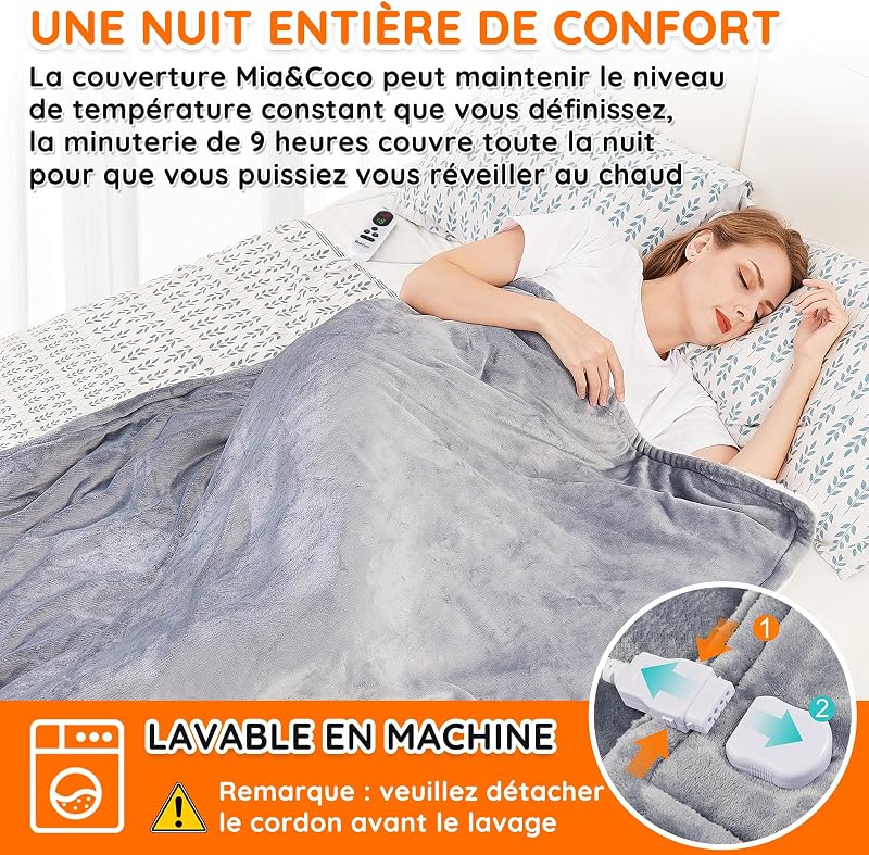 Couverture électrique chauffante, avec arrêt Automatique, 10 Niveaux de Chauffage Jusqu’à 9 Heures, Protection Contre la surchauffe, certifiée ETL, pour lit, en Flanelle, Chauffage Rapide