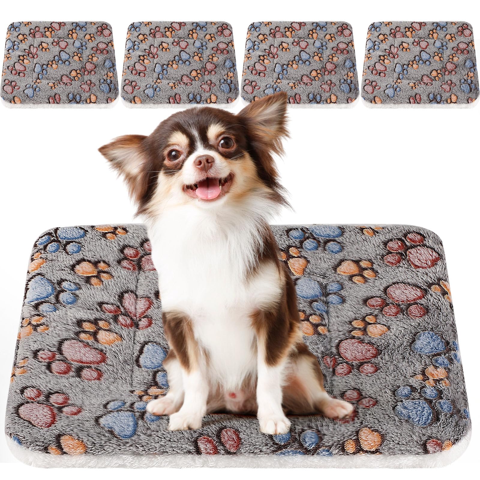 Photo 1 of 4 Pack Ultra Soft Dog Cat Bed Mat with Cute Prints Reversible Fleece Dog Crate Kennel Pad Cozy Washable Thickened Hamster Guinea Pig Pet Bed Mat for Small Animals(23 x 18 Inches,Gray)