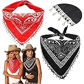 Vabean 2 Pcs Rhinestone Bandana Disco Fringed Paisley Glitter Bandanas for Women Cowgirl Bachelorette Tassel Kerchief