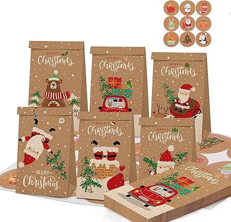 Amazon クリスマスラッピング紙袋 12枚 クリスマスプレゼントバッグ 封筒シール紙 サンタクロース 雪だるま トナカイ 18枚付き ラッピング用品 プレゼント用 お誕生日 お祝い 紙袋 セット 1 ギフトバッグ 袋 文房具 オフィス用品