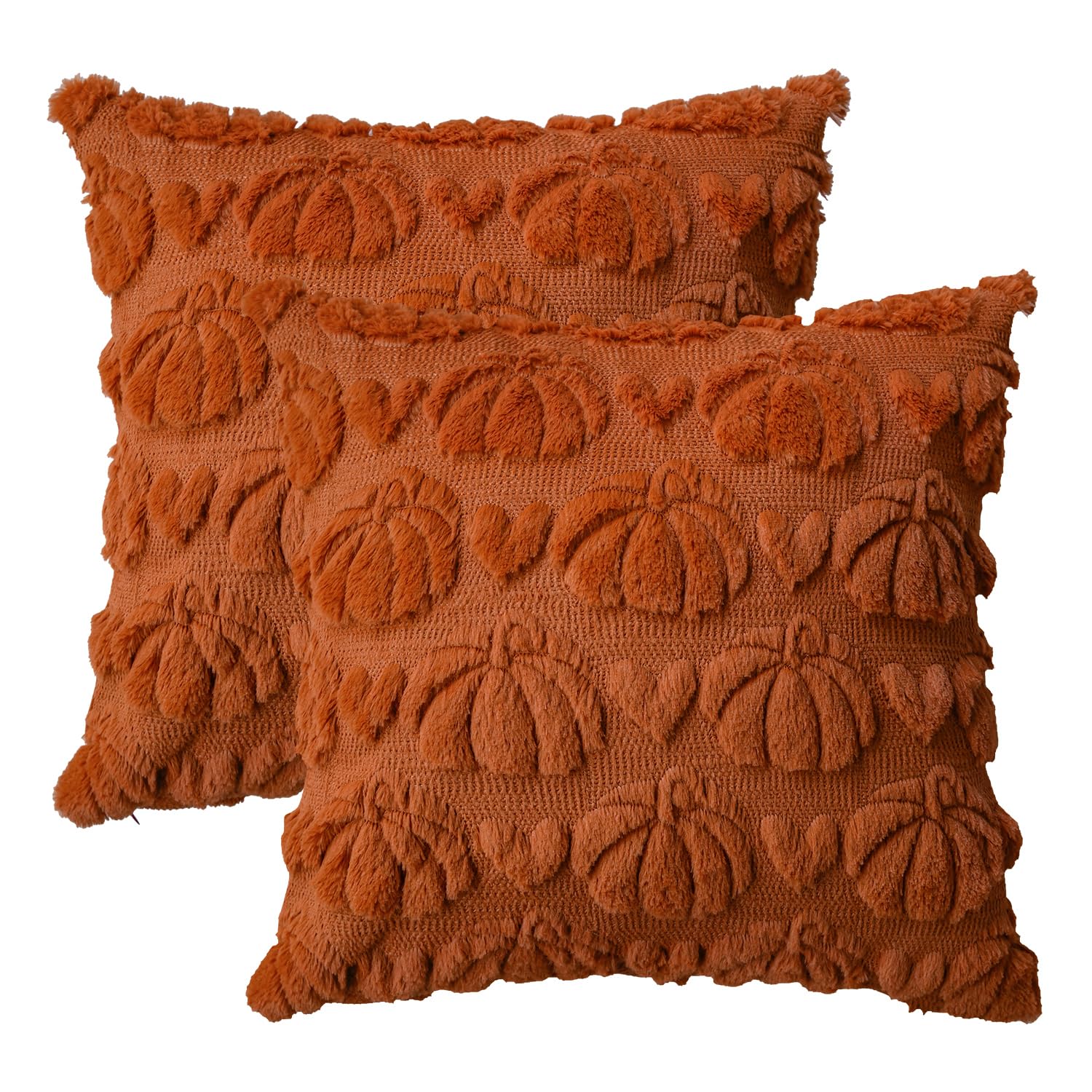Photo 1 of AVOIN colorlife Fall Pumpkin Heart Caramel Throw Pillow Covers, 20 x 20 Inch Seasonal Autumn Thanksgiving Harvest Soft Plush Faux Fur Jacquard Cushion Case Decoration for Sofa Set of 2