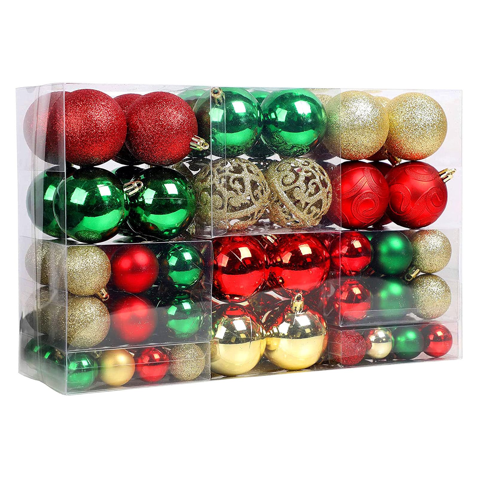 BSTMOME 2025 New 100 Pack Christmas Balls Ornaments, 3 Colors Shatterproof Christmas Tree Baubles Combination for Festival Xmas Tree Holiday Wedding Party Decor 3 Sizes (Gloden+Red+Green)
