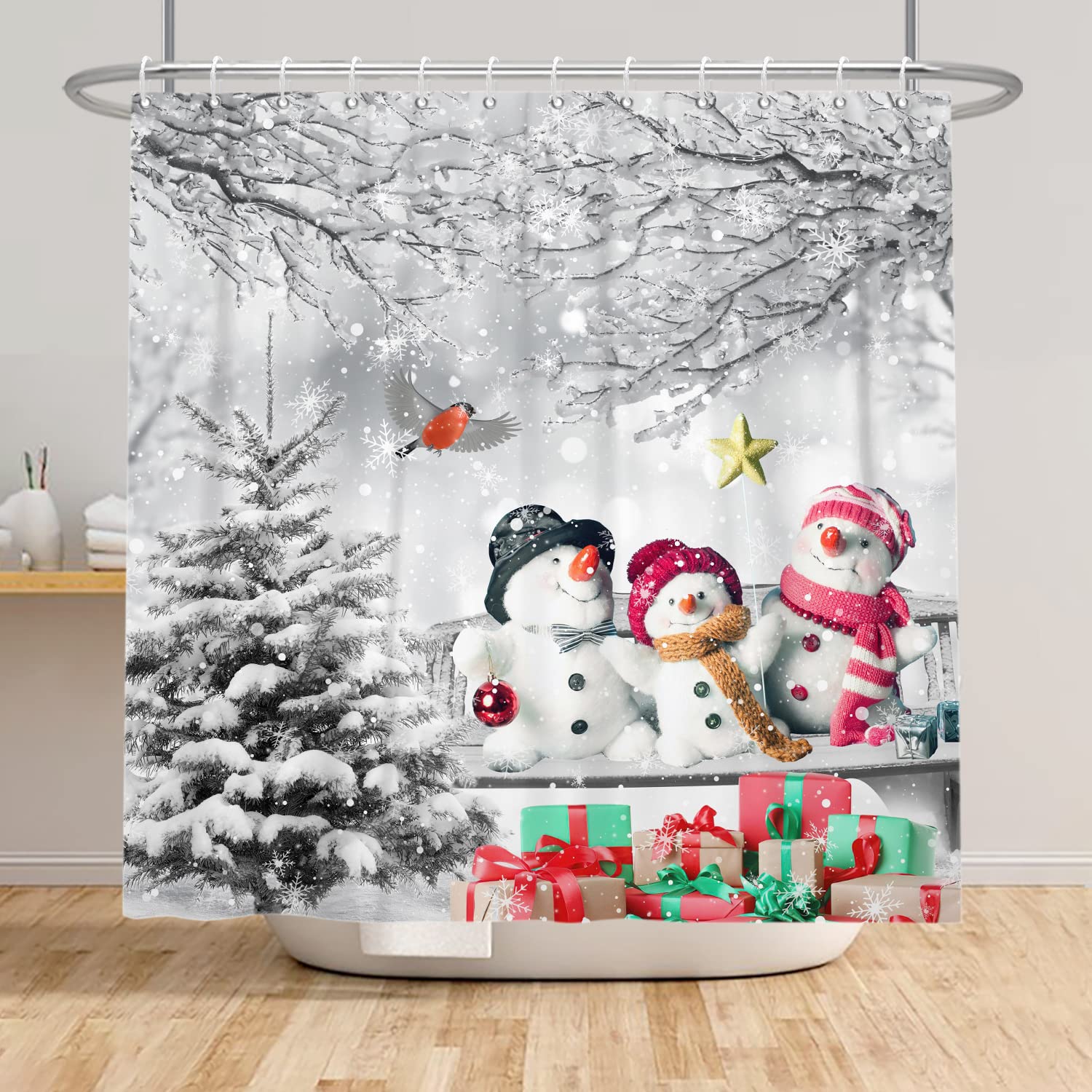 SDOTPMT 41x63inch Winter Snowy Scenery Shower Curtain Cute Three Snowman Snowflakes Bath Curtain Box Snowy Tree Branch Bathtub Curtain for Bathroom Fabric Polyester with Hooks